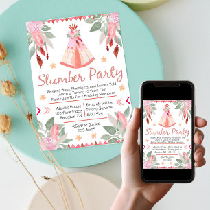 Sleepover Slumber Party Girl Pink Teepee Birthday Kaart