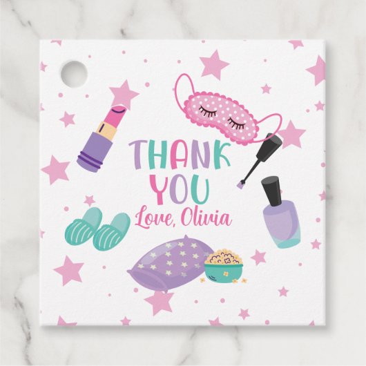 Sleepover slumber party roze paarse tween bedankjes labels (Voorkant)
