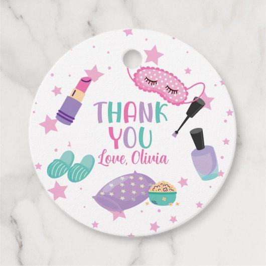Sleepover slumber party roze paarse tween bedankjes labels (Voorkant)