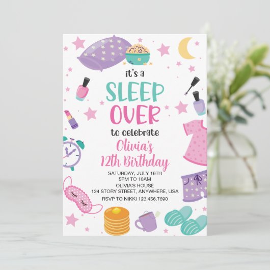 Sleepover slumber party roze paarse tween kaart (Staand voorkant)