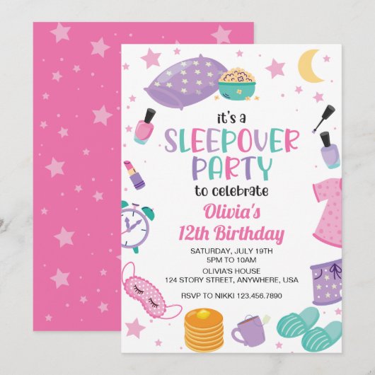 Sleepover slumber party roze paarse tween kaart (Voorkant / Achterkant)