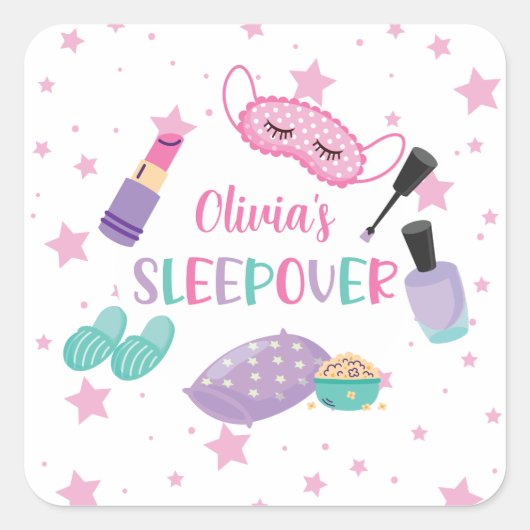 Sleepover slumber party roze paarse tween vierkante sticker (Voorkant)