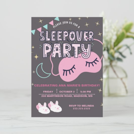 SLEEPOVER VERJAARDAGSFEEST KAART (Staand voorkant)