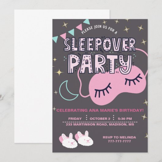 SLEEPOVER VERJAARDAGSFEEST KAART (Voorkant / Achterkant)