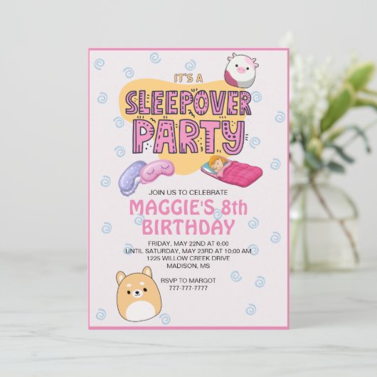 Sleepover verjaardagsfeestje kaart (Staand voorkant)