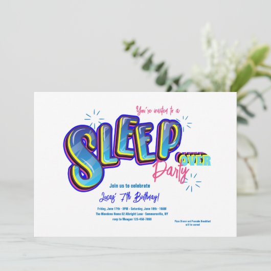 Sleepover verjaardagsfeestje kaart (Staand voorkant)