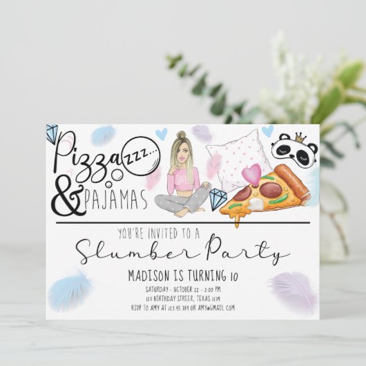 Sleepover Verjaardagsfeestje Pizza & Pyjama Kaart (Staand voorkant)