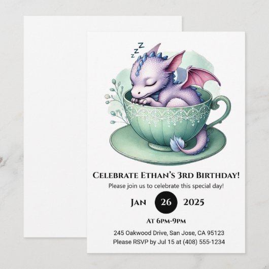 Sleepy Baby Dragon in Teacup Birthday Kaart (Voorkant / Achterkant)