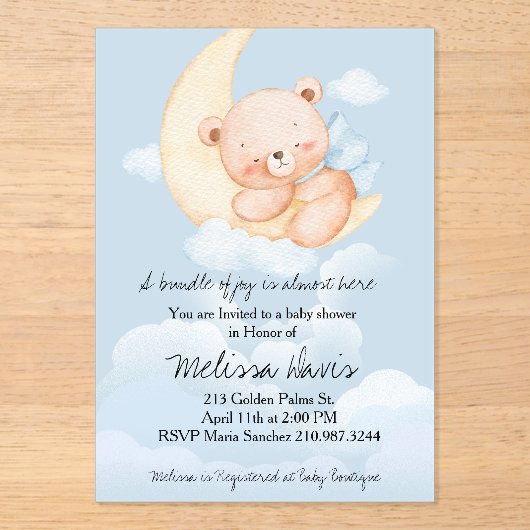 Sleepy Bear Baby Shower Invitation  Acryl Uitnodigingen (Voorkant)