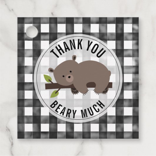 Sleepy Beer Cub Gingham Baby shower Bedankjes Labels (Voorkant)