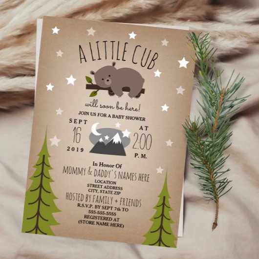 Sleepy Beer Cub Mountains Baby shower Invitation Kaart