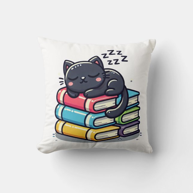 Sleepy Black Cat op Boeken – Schattigee Cartoon Kussen (Voorkant)