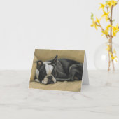 Sleepy Boston Terrier Dog Art Note Kaart (Gele Bloem)