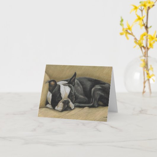 Sleepy Boston Terrier Dog Art Note Kaart (Gele Bloem)