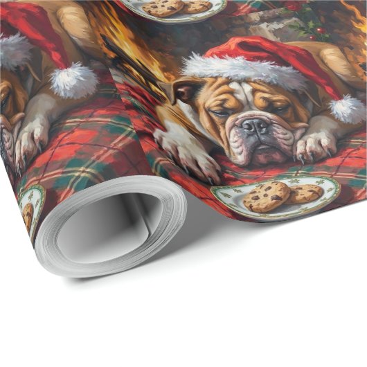 Sleepy Bulldog Dog Fast Asleep Santa Hat Christmas Cadeaupapier (Rol Hoek)