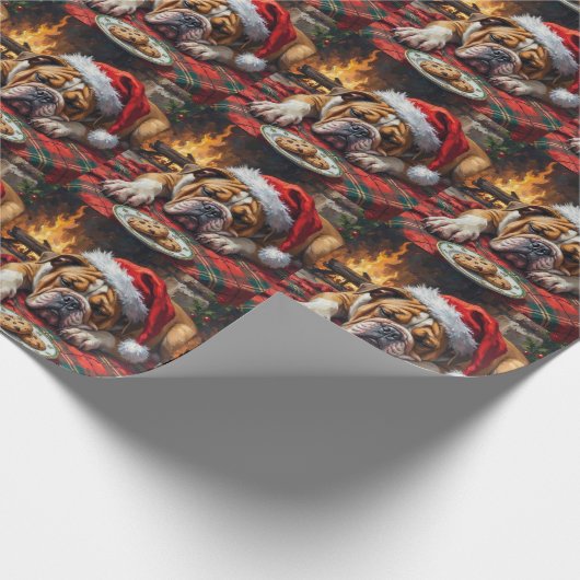 Sleepy Bulldog Dog Fast Asleep Santa Hat Christmas Cadeaupapier (Hoek)