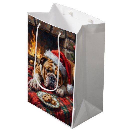 Sleepy Bulldog Dog Fast Asleep Santa Hat Christmas Medium Cadeauzakje (Voorkant Gekanteld)