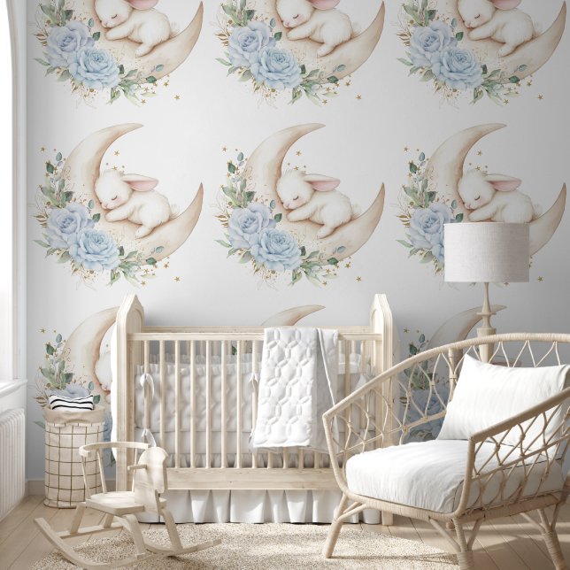 Sleepy Bunny Rabbit Moon Blue Floral Nursery Behang (Kinderen)
