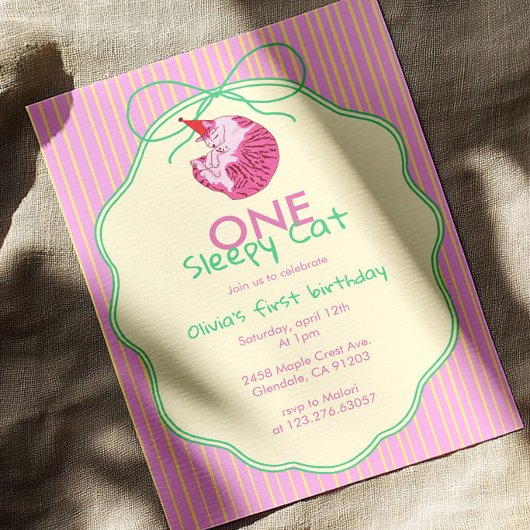 Sleepy Cat 1st Birthday Yellow Stripe Kaart