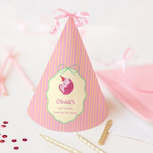 Sleepy Cat 1st Birthday Yellow Stripes Feesthoedjes