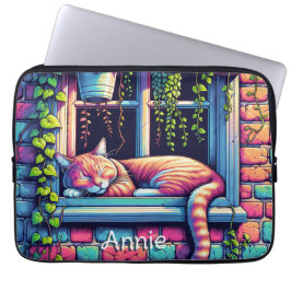 Sleepy Cat in Window Sill AI Art Gepersonaliseerd Laptop Sleeve