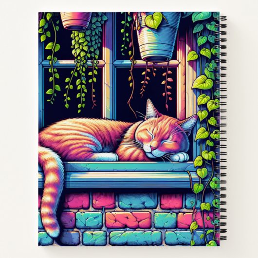 Sleepy Cat in Window Sill AI Art Gepersonaliseerd Notitieboek (Achterkant)