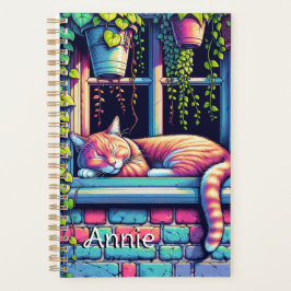 Sleepy Cat in Window Sill AI Art Gepersonaliseerd Planner