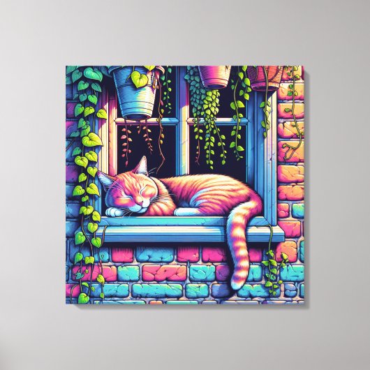 Sleepy Cat in Window Sill Air Art Canvas Afdruk (Voorkant)