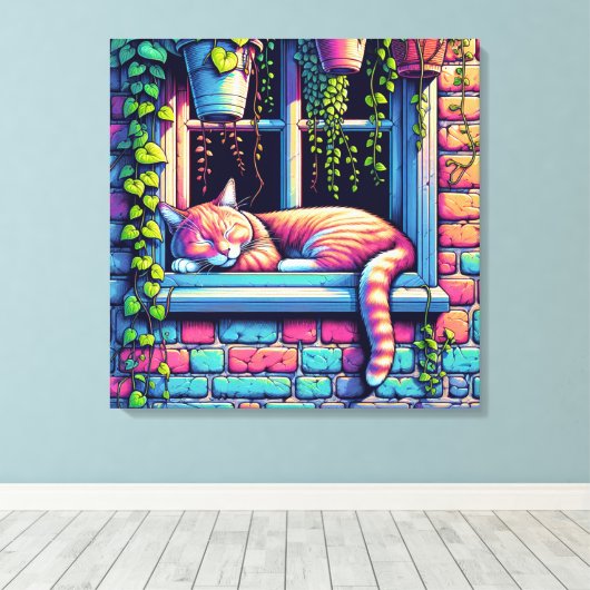 Sleepy Cat in Window Sill Air Art Canvas Afdruk (Insitu (Houten vloer))