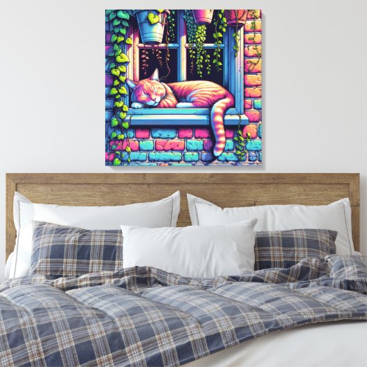 Sleepy Cat in Window Sill Air Art Canvas Afdruk (Insitu (Slaapkamer))
