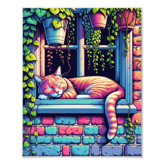Sleepy Cat in Window Sill Air Art Foto Afdruk (Voorkant)