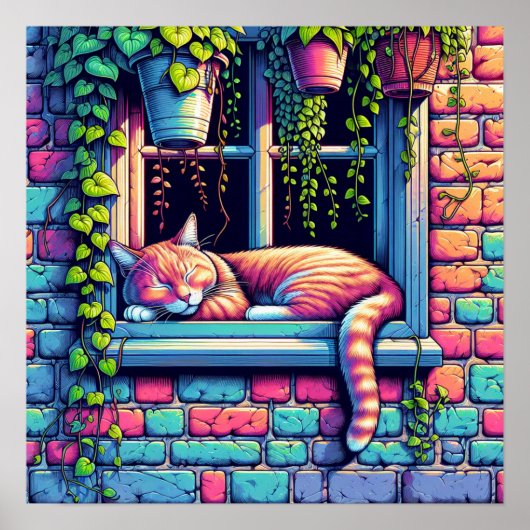 Sleepy Cat in Window Sill Air Art Poster (Voorkant)