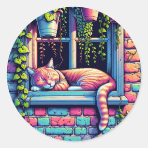 Sleepy Cat in Window Sill Air Art Ronde Sticker
