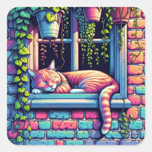 Sleepy Cat in Window Sill Air Art Vierkante Sticker (Voorkant)