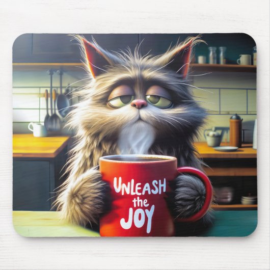 Sleepy Cat met Grappige Rode Koffie Mok Muismat (Voorkant)