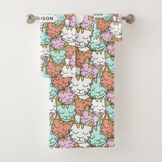 Sleepy Cats Patroon aangepaste naam handdoek set (Insitu)
