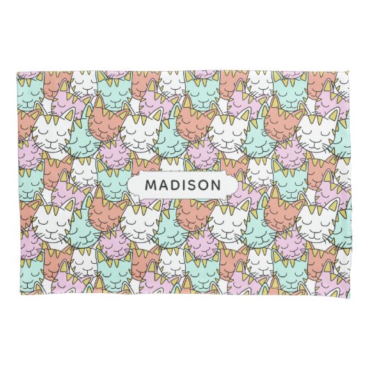 Sleepy Cats Pattern aangepaste naam kussenslopen (Voorkant)