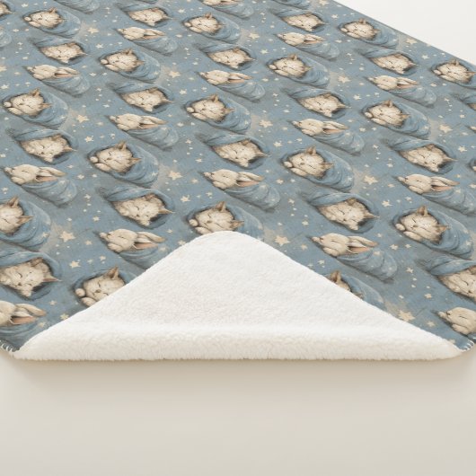 Sleepy Cats Under Starry Sky Cozy Blue Pattern Sherpa Deken (3/4)