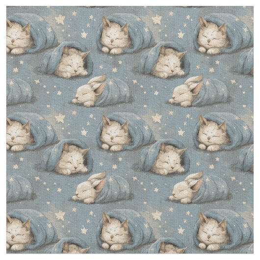 Sleepy Cats Under Starry Sky Cozy Blue Pattern Stof (Close Up)
