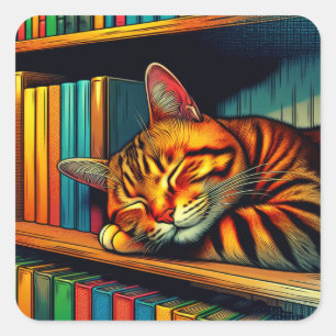 Sleepy Comic Book Style Kat Slapen Vierkante Sticker