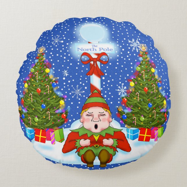 Sleepy Elf-kerstpiloot Rond Kussen (Voorkant)