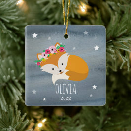 Sleepy Fox Boho Stars Baby Cub Eerste Kerstmis Keramisch Ornament