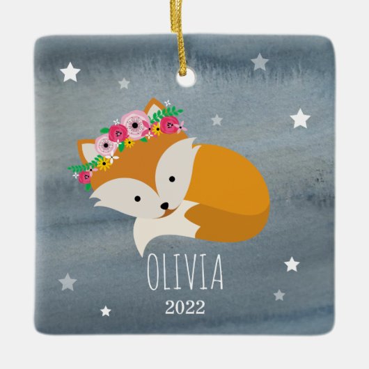 Sleepy Fox Boho Stars Baby Cub Eerste Kerstmis Keramisch Ornament (Voorkant)