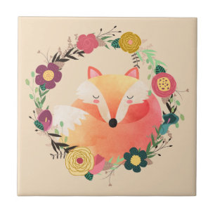 Sleepy Fox in Boho Floral Wreath Tegeltje