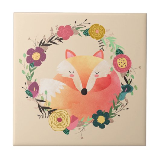 Sleepy Fox in Boho Floral Wreath Tegeltje (Voorkant)