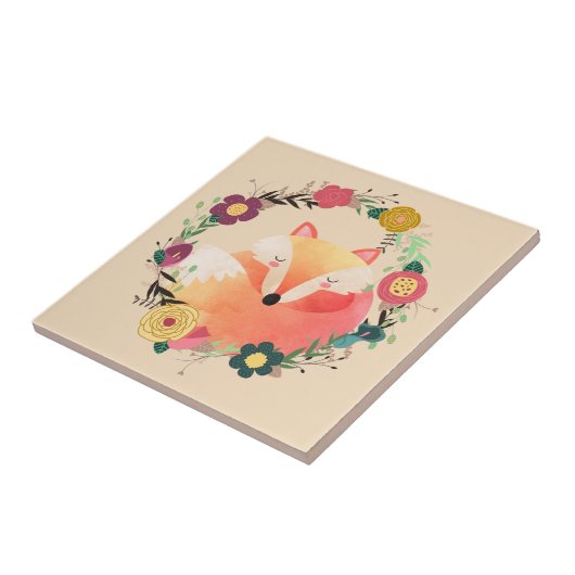 Sleepy Fox in Boho Floral Wreath Tegeltje (Zijkant)