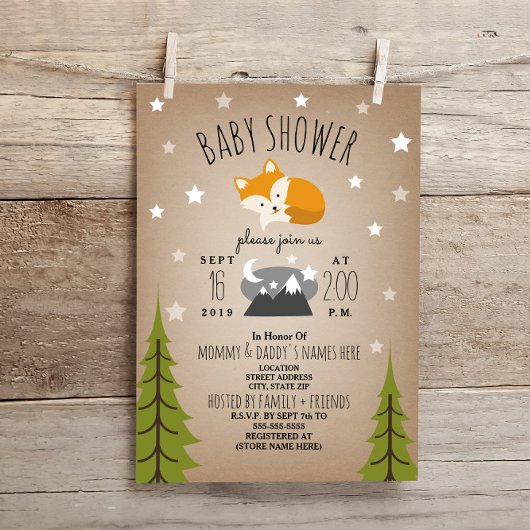 Sleepy Fox Mountains Baby shower Kaart