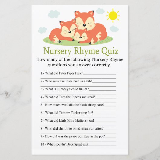 Sleepy fox Nursery Rhyme Quiz baby shower game (Voorkant)