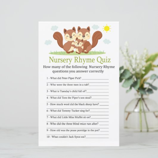 Sleepy fox Nursery Rhyme Quiz baby shower game (Staand voorkant)