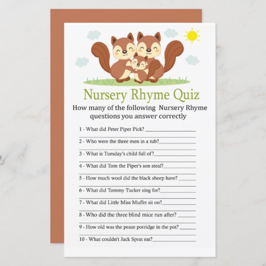 Sleepy fox Nursery Rhyme Quiz baby shower game (Voorkant / Achterkant)